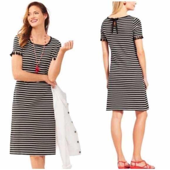 NWOT Talbots Women's XS Black & White Striped Tassel Trim Stretch Knit Dress - Picture 1 of 8